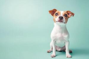 White and Brown Dog Sitting on a Light Blue Background photo