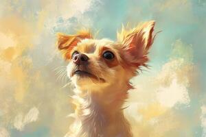 A Close-Up Portrait of a Small, Light Brown Dog with Big Eyes Looking Upward photo