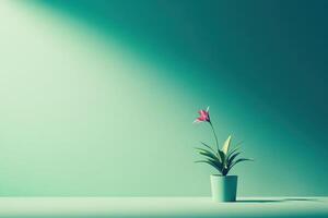 A Single Pink Flower in a Green Pot Against a Mint Green Wall photo