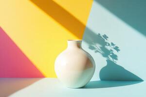 White Vase on a Tri-Colored Background with Sunlit Shadows photo