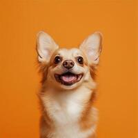Happy chihuahua with open mouth and tongue out against orange background. photo