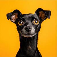 Close-up portrait of a black dog with large amber eyes against a yellow background photo
