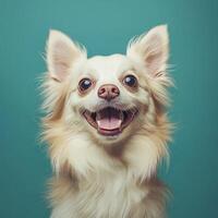 A White Chihuahua with a Big Smile and Teal Background photo