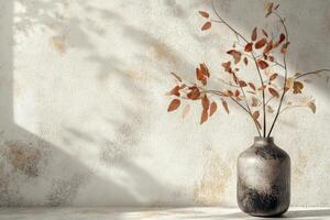 Dried Leaves in a Rustic Vase Against a Textured Wall photo