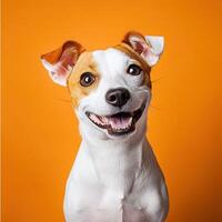 A Smiling Jack Russell Terrier Dog with Brown Spots on an Orange Background photo