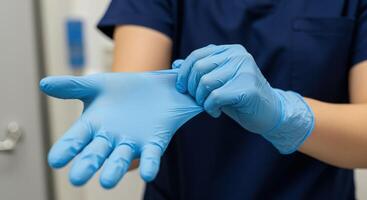 A person in blue gloves is holding a pair of blue gloves photo