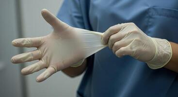 A person in a blue uniform is holding a pair of gloves photo