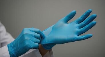 A person in a white coat is holding a blue glove photo