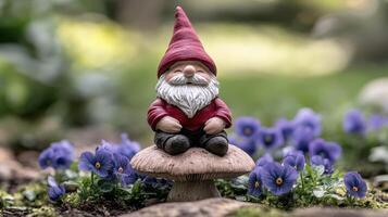tiny garden gnome sitting on mushroom surrounded by purple flowers photo