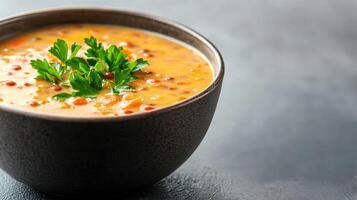 simple bowl of lentil soup garnished with fresh parsley and vegetables photo