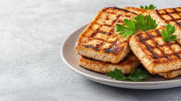 Grilled tofu served on plate with fresh parsley in bright setting photo