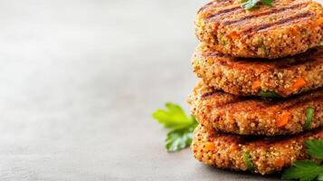 Stack of golden brown quinoa and vegetable patties, healthy and delicious photo
