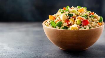colorful quinoa salad with fresh vegetables in wooden bowl photo