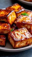 Grilled tofu pieces glistening with sauce on clean plate, deliciously appealing photo