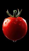 vibrant red cherry tomato with water droplets on black background photo