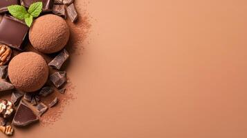 Delicious chocolate truffles with nuts and mint on brown background photo