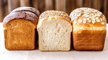 Fresh whole grain bread loaves in row, showcasing different textures and colors photo