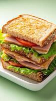 delicious club sandwich with fresh lettuce, tomato, and ham layers photo