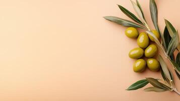 Fresh green olives with olive branch on minimalist background photo