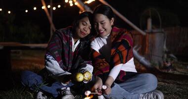 Two Asian siblings enjoy talking and grilling corn while sitting around a warm campfire on a chilly evening. video