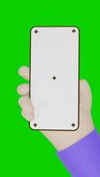 3d animation of a hand holding a smartphone with a green background and also a blank screen for product promotion or event or quiz notifications video