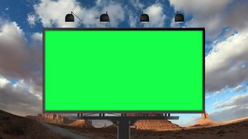 Empty billboard with chroma key green screen, on blue sky with clouds savanna, advertisement concept, screen, green background video
