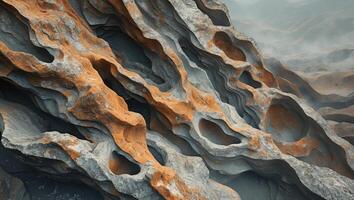 Close up of a large rock formation with unique shapes and textures photo