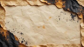 Burnt wrinkled paper texture background with irregular edges and darkened areas for design projects Copy Space. photo