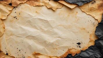 Burnt wrinkled paper texture background with irregular edges and darkened areas for design projects Copy Space photo