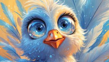 A vivid and colorful cartoon bird designed with large expressive eyes and soft blue fur. photo