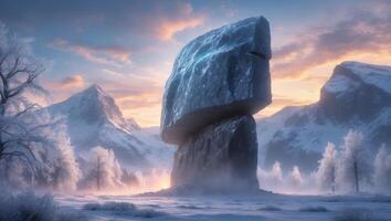 A captivating Mysterious Monolith stands tall in a breathtaking Snowy Landscape under the twilight photo