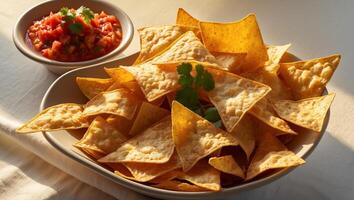 A bowl of tortilla chips with a side of salsa and cilantro. photo