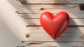 Red Heart on Rustic Wooden Surface Ideal for Valentine's Day Decor with Soft Shadows and Space for Custom Text or Messages photo