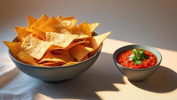 A bowl of tortilla chips with a side of salsa and cilantro photo