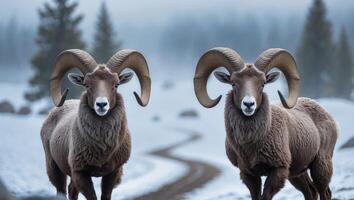 Two majestic bighorn sheep rams standing in the snowy field with large brown horns photo