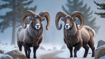 Two majestic bighorn sheep rams standing in the snowy field with large brown horns. photo