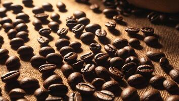 Brown coffee beans scattered on textured surface with warm lighting and soft shadows Copy Space. photo