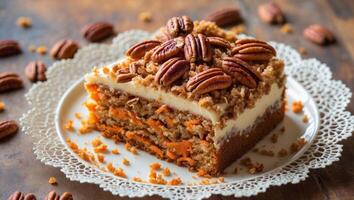 Delicious Carrot Cake Slice with Pecan Topping photo