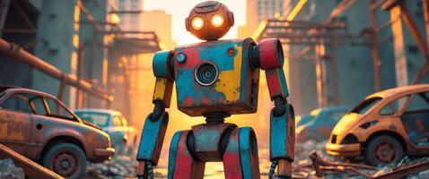 Rusty Robot Stands in Urban Decayed Cityscape. photo