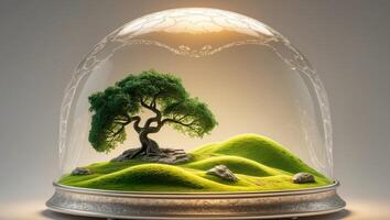 Miniature Landscape Under a Beautiful Glass Dome Featuring Lush Green Hills and a Tree photo