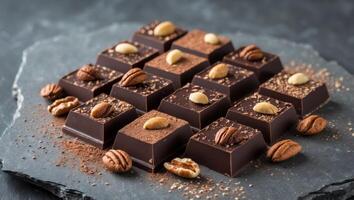 Dark chocolate squares with nuts and cocoa powder on slate. photo