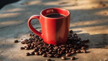 Red coffee mug on textured surface with scattered coffee beans and soft shadows Copy Space. photo