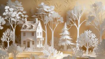 A Charming and Delightful Paper Cut Landscape Featuring a House Surrounded by Trees photo