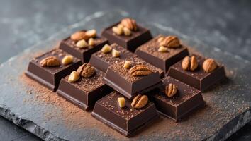 Dark chocolate squares with nuts and cocoa powder on slate photo
