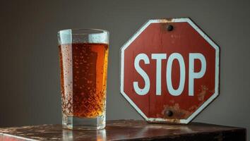 Glass of alcohol next to a stop sign symbolizing the need to halt alcohol consumption. photo