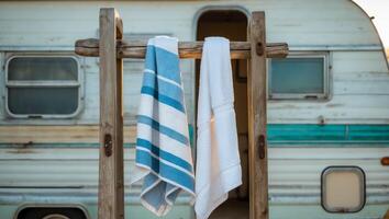 Towels drying on rack in front of a camper photo