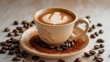 Latte art coffee in a cup surrounded by coffee beans and cocoa powder on a light textured background with Copy Space. photo