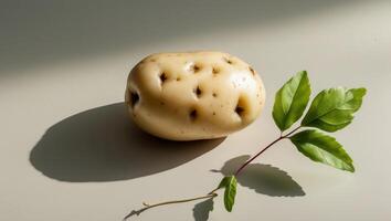 A single potato with a leaf sitting on top photo