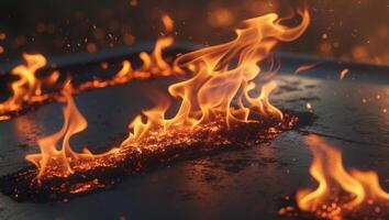 Fire Close Up on Dark Metallic Surface with Glowing Reflections. photo
