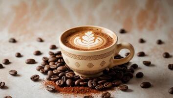 Latte art coffee in a cup surrounded by coffee beans and cocoa powder on a light textured background with Copy Space photo